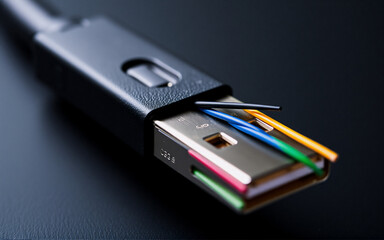 Fototapete - Close up of a black USB connector with partially removed casing revealing colorful wires inside on a dark surface.