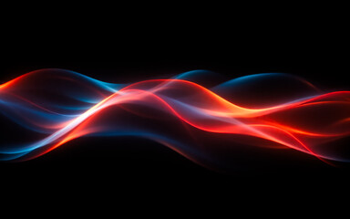 Poster - Abstract flowing waves of light in red and blue hues gracefully glide across a stark black backdrop, evoking a sense of smooth motion and vibrant energy.