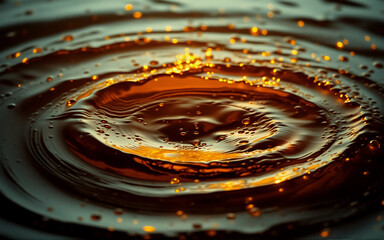 Fototapete - Dark liquid surface with golden particles disturbed by a drop, creating expanding circular ripples under warm illumination.