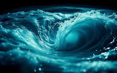 Poster - A powerful ocean wave is captured mid-curl, showcasing its raw energy as it crests and splashes. Deep blue and turquoise hues dominate, creating a dramatic and dynamic seascape.
