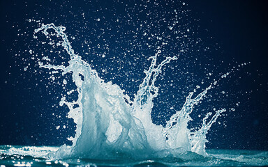 Poster - Water explodes upwards in a dynamic splash against a deep blue background, creating a sense of refreshing motion with droplets flying in all directions.