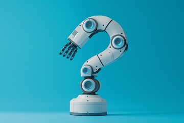 Poster - robotic arm shaped like a question mark on blue background, symbolizing AI curiosity, machine learning and innovative technology in abstract concept, Generative AI