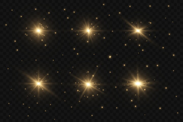 Poster - Vector realistic illustration of shiny bright rocket burst. Shiny glow star with stardust, gold lens flare. Glare and glitter pattern for your design. Light flash golden png. Yellow shining sun.
