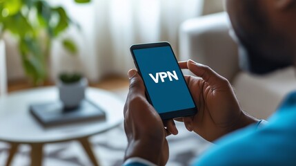 Leinwandbilder - Close-up of smartphone displaying VPN app in hand, illustrating secure browsing, privacy, and digital protection for mobile users, Generative AI