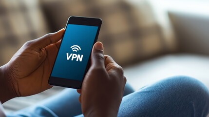 Fototapete - Close-up of smartphone displaying VPN app in hand, illustrating secure browsing, privacy, and digital protection for mobile users, Generative AI