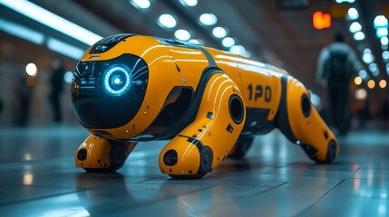 Leinwandbilder - A robotic unit equipped for surveillance maneuvers through a busy transportation hub, actively monitoring for security and operational efficiency during peak hours.
