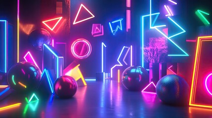 Wall Mural - Neon-lit 3D objects over a bold 2D flat design background, blending styles for a high-energy visual.
