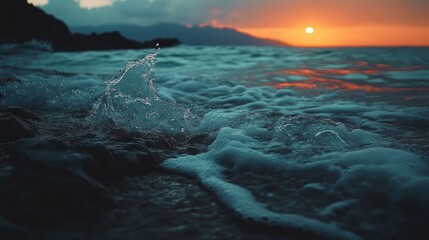 Wall Mural - serene sunset over ocean waves with splashes and dramatic clouds