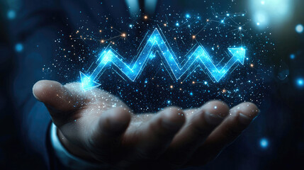 Aufkleber - Hand holding glowing blue arrows representing growth and progress in digital environment, symbolizing business success and innovation