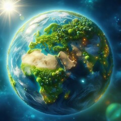 a lush green planet earth with vibrant vegetation and clear blue oceans symbolizing earth day