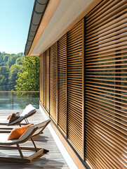 Poster - modern home featuring sleek wooden blinds, large windows, and serene outdoor view. design emphasizes minimalism and natural light, creating tranquil atmosphere