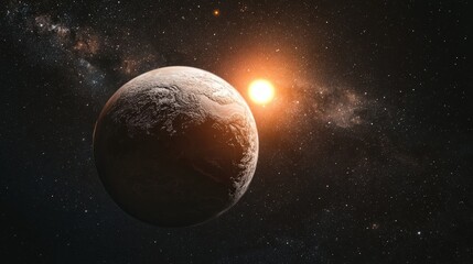 Wall Mural - a distant planet with a surface covered in ice, reflecting the light of a nearby sun