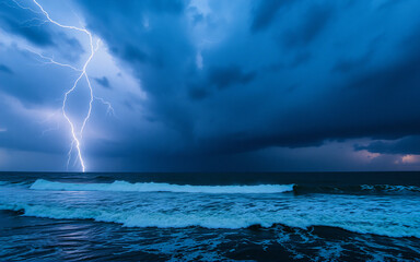 Poster - Dark stormy sea with a bright lightning bolt striking in the distance.  Choppy waves crash on the shore under a cloudy night sky.