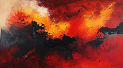 Wall Mural - a dramatic abstract painting with powerful brush strokes of fiery red, orange, and black.