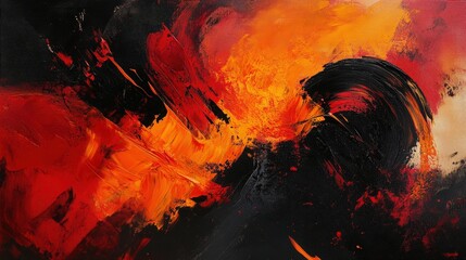 Wall Mural - a dramatic abstract painting with powerful brush strokes of fiery red, orange, and black.