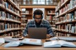 © Laluna - A student sitting at a library table surrounded by textbooks, notebooks, and a laptop, deeply focused on studying for an upcoming exam, concentrated and studious