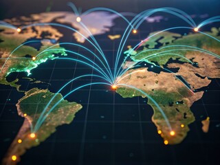 Vaccine development advances global health concept. Global network connections visualized on a world map with data streams.