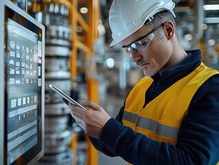 Poster - focused engineer in safety helmet and glasses checks his smartphone while standing near control panel in industrial setting. environment is filled with machinery, showcasing modern workspace