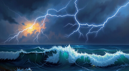 Poster - A dramatic seascape featuring ocean waves crashing under a dark, stormy sky illuminated by bright lightning bolts and a glimpse of sun behind the clouds.