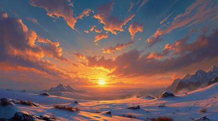 Aufkleber - A vibrant sunset paints the sky with warm hues of orange and yellow, contrasting against the cool blues of the clouds and snow-covered mountains in a serene winter landscape.