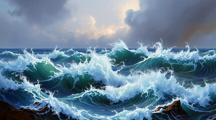 Poster - A dynamic seascape featuring powerful ocean waves crashing under a dramatic cloudy sky. The water is turquoise and white with rocks visible.