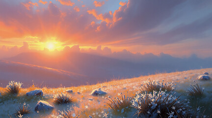 Aufkleber - Golden sunlight bathes rolling hills and a grassy foreground under a sky filled with soft clouds at sunrise or sunset.  A serene and beautiful landscape scene.