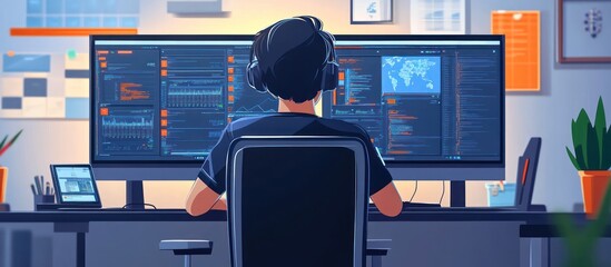 Coder works late, dual monitors, home office
