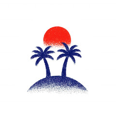 Wall Mural - A vibrant island scene featuring two palm trees silhouetted against a bright red sun setting on the horizon, creating a serene and tropical atmosphere.