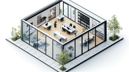Poster - Modern office design features open layout with glass walls, wooden flooring, and contemporary furniture. space is filled with greenery, creating vibrant and productive atmosphere