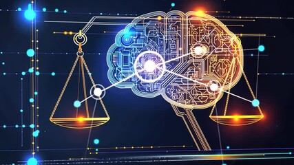 Wall Mural - futuristic illustration of a human brain integrated with technology and symbolic scales representing