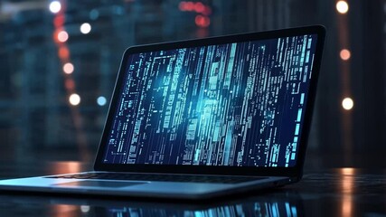 Wall Mural - modern laptop with digital data display on dark background in high-tech environment, illuminated wit