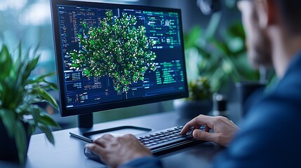 Person Coding at Desk with Green and Black Code on Monitor