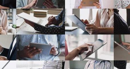 close up cropped multiple collage view different people hold tablets, working from home office, do f