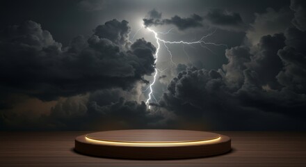 Wall Mural - dramatic product presentation podium against thunderclouds and lightning backdrop