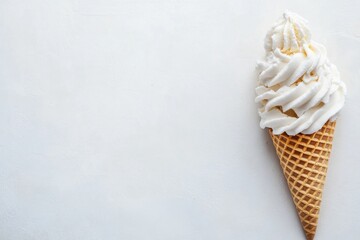 Poster - Soft serve ice cream cone with whipped cream topping on a light background