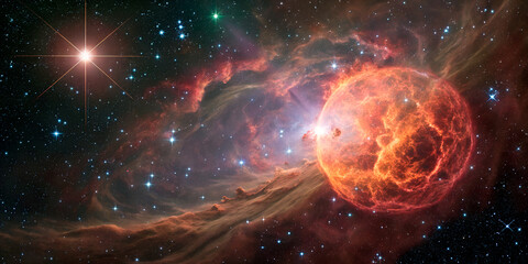 Wall Mural - a fiery sphere floats amid stars and flowing cosmic clouds.