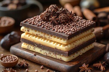 Aufkleber - Decadent chocolate wafers stacked with sweet toppings during a cozy afternoon in a warm kitchen