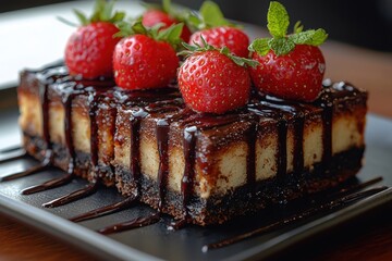 Poster - Delicious chocolate cake topped with fresh strawberries and mint leaves served on a sleek plate during a cozy afternoon