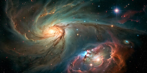 dense nebula with bright star-forming zones and glowing gas structures.
