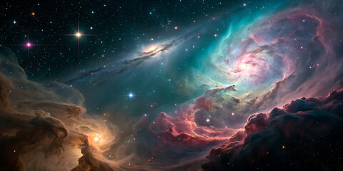 Wall Mural - a turquoise nebula swirls against dark space, dotted with brilliant stars.