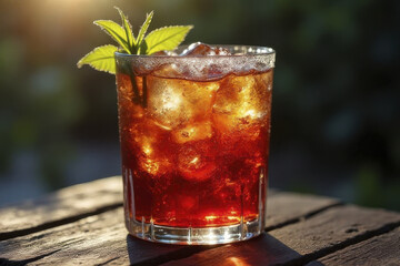 Wall Mural - refreshing cocktail with ice and mint leaves, served in glass, illuminated by sunlight, perfect for 