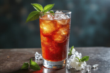 Wall Mural - Refreshing iced tea with mint leaves and ice cubes, served in clear glass, evokes sense of relaxation and enjoyment
