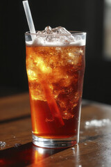 Wall Mural - refreshing iced tea in clear glass with ice cubes and straw, perfect for hot day. enjoy coolness and