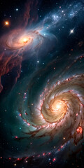 Wall Mural - spiral galaxy with a glowing center and star streams extending into space.
