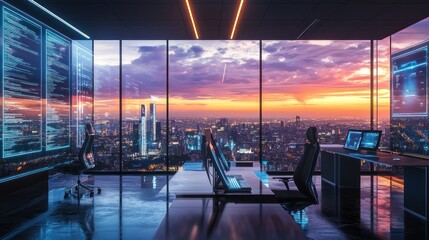 Skyscraper sunset office, coder works, city view, data screens