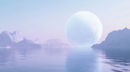 Wall Mural - 3D rendering, soft white Planet star floating in the sky above calm water with distant mountains, simple and elegant style, surrealistic urban landscape, minimalist stage design, blue background, ligh