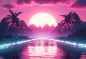 Wall Mural - laser grids form the background of a retro futuristic scene that embodies the synthwave aesthetic