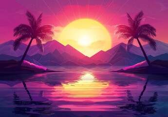 Wall Mural - retro futuristic landscape with a synthwave aesthetic and a laser grid in the background
