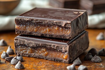 Aufkleber - Deliciously crafted dark chocolate bars filled with caramel on a rustic wooden surface
