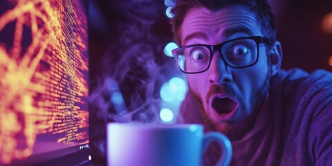 Tech-Savvy Shock: A tech expert stares in surprised at data streams, accompanied by the inviting steam from a warm mug. Capturing a sense of awe and alertness.